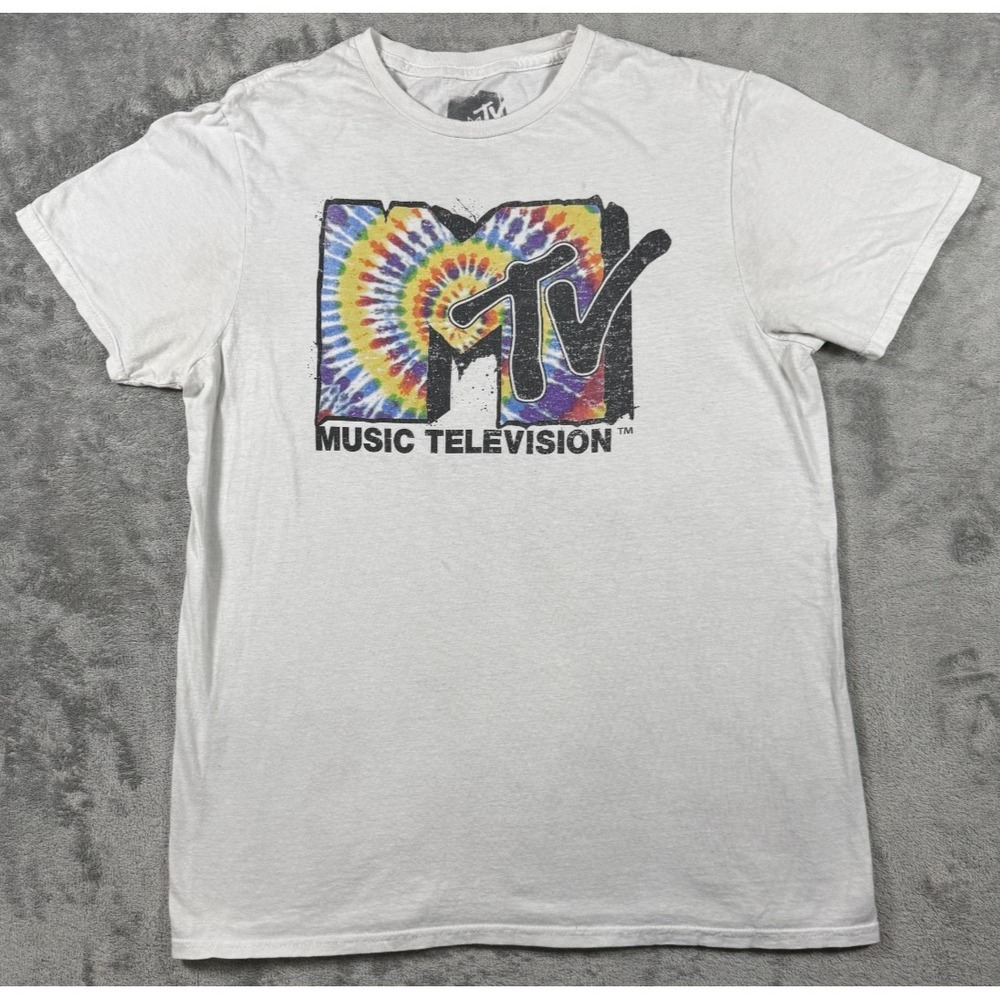 MTV Music Television Graphic T Shirt Tie Dye Logo White Medium RN 11164